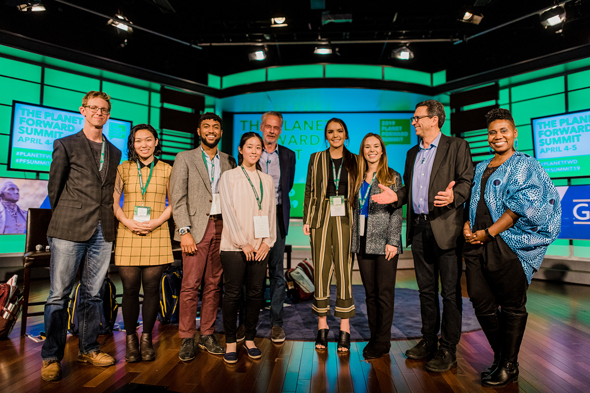Frank Sesno, Sven Lindblad, and Dr. Imani Cheers join the Storyfest 2019 winners on stage after the ceremony. Winners will be joining Planet Forward and Lindblad Expeditions in the Galápagos in August for a 10-day storytelling voyage.